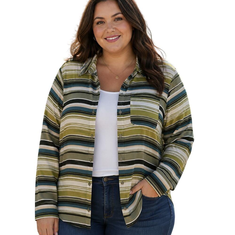 Denim & Co Green Striped Button Top Womens Size 1X Soft Knit Topper